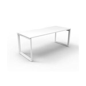 Rapidline Deluxe Infinity single sided loop leg desk in Natural White top with White Satin loop legs, angled view from the front corner