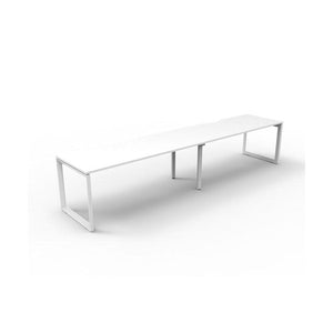 Rapidline Deluxe Infinity single sided 2 person loop leg workstation, Natural White top on White Satin base, three-quarter view from the front corner