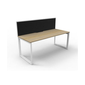 Rapidline Deluxe Infinity single sided loop leg desk in Natural Oak top with White Satin loop legs and SHUSH30 screen in black fabric, angled view from the front corner