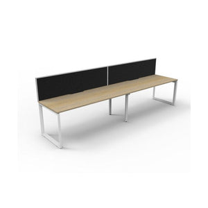 Rapidline Deluxe Infinity single sided 2 person loop leg workstation, Natural Oak top on White Satin base, with black fabric screens, three-quarter view from the front corner