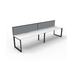 Rapidline Deluxe Infinity single sided 2 person loop leg workstation, Natural White top on Black Satin base, with grey fabric screens, three-quarter view from the front corner