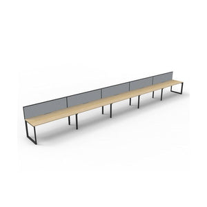 Rapidline Deluxe Infinity single sided loop leg pod of 5 with Natural Oak tops, Black Satin base and grey fabric screen, angled three-quarter view on a white background