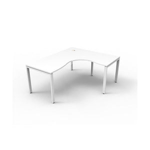 Rapidline Deluxe Infinity corner workstation, Natural White top on a white satin profile leg base, wider three quarter view with cable hole visible