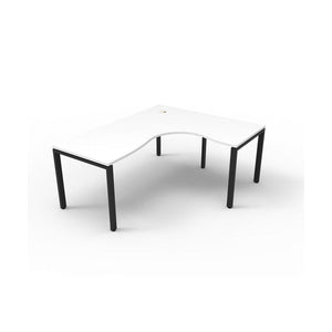 Rapidline Deluxe Infinity corner workstation, Natural White top on a black satin profile leg base, wider three quarter view with cable hole visible