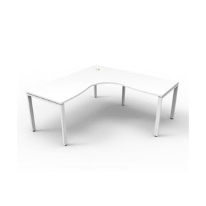 Rapidline Deluxe Infinity corner workstation, Natural White top on a white satin profile leg base, wider three quarter view with cable hole visible