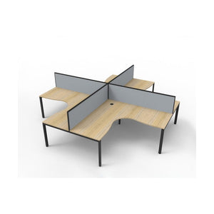 Four person Rapidline Deluxe Rapid Infinity profile leg corner pod rendered on white, natural oak worksurfaces on black satin legs with grey fabric desk mounted screens