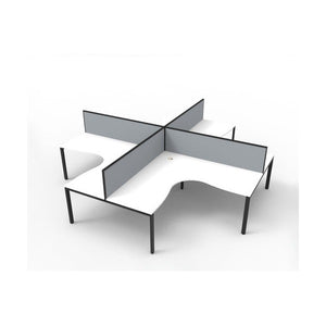 Four person Rapidline Deluxe Rapid Infinity profile leg corner pod rendered on white, natural white worksurfaces on black satin legs with grey fabric desk mounted screens