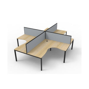 Four person Rapidline Deluxe Rapid Infinity profile leg corner pod rendered on white, natural oak worksurfaces on black satin legs with grey fabric desk mounted screens