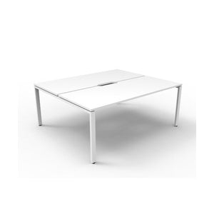 Rapidline Deluxe Infinity back to back two person workstation with Natural White tops on a White Satin base, three quarter view from the front