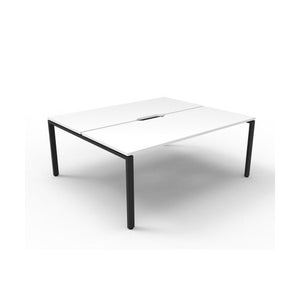 Rapidline Deluxe Infinity back to back two person workstation with Natural White tops on a Black Satin base, three quarter view from the front