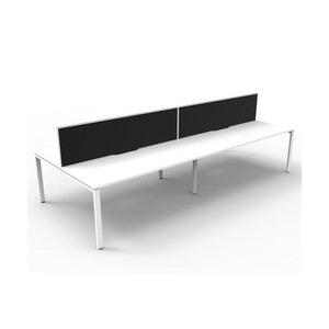 Three-quarter view of the Rapidline Deluxe Infinity Back to Back 4 Person Workstation with Natural White top, White Satin base and black fabric screens