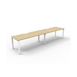 Rapidline Deluxe Infinity single sided 2 person workstation, Natural Oak tops and White Satin profile legs, angled view.