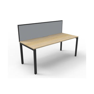 Rapidline Deluxe Infinity single sided desk with Natural Oak top and Black Satin profile legs, grey fabric screen, angled view on a white background