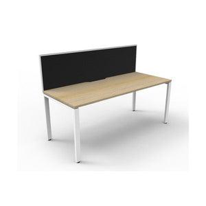 Rapidline Deluxe Infinity single sided desk with Natural Oak top and White Satin profile legs, black fabric screen, angled view on a white background
