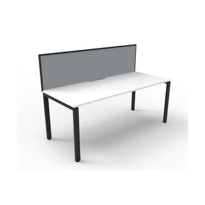 Rapidline Deluxe Infinity single sided desk with Natural White top and Black Satin profile legs, grey fabric screen, angled view on a white background