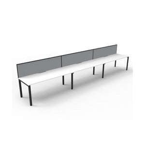 Rapidline Deluxe Infinity single sided 3 person workstation with Grey Fabric SHUSH30 screens, Natural White tops and Black Satin profile legs, angled view.