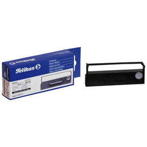 Blue and white Pelikan fabric ribbon box for article 562512, marked Nylon, 10 mm, 4 m, black, for Epson ERC 27, shown beside the black ribbon cartridge