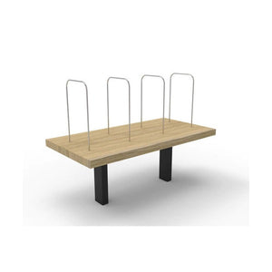 Rapid Infinity desk mounted shelf with a natural oak board, four silver wire dividers and two black legs, on a white background