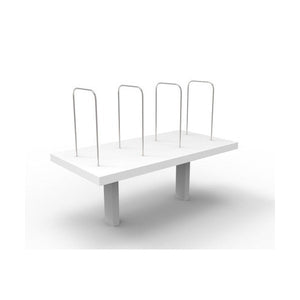Rapid Infinity desk mounted shelf with a white board, four silver wire dividers and two light coloured legs, on a white background
