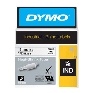 Dymo Rhino heat shrink tube label tape 12mm x 1.5m black on white for larger cables and multicore conductors