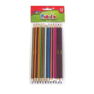 Dats assorted double-ended coloured pencils in a wallet of 12, showing full-length pencils with two colours each