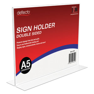 Deflecto Double Sided T-Shape Sign Holder A5 Landscape in clear plastic, front view with the Deflecto sign holder card inside