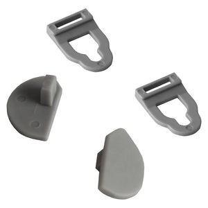Deflecto Poster Hanger Loop and End Cap Set displayed individually against a clean white background. Two grey suspension loops and two matching end caps are shown from different angles, clearly illustrating the replacement components designed for use with compatible Deflecto Snap Frame Poster Hangers.
