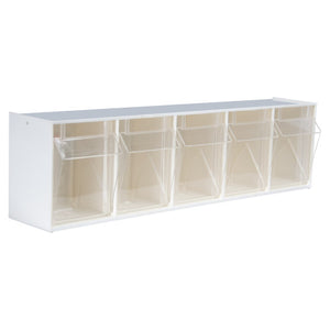 Deflecto off-white 5-bin tilt bin storage system, front view