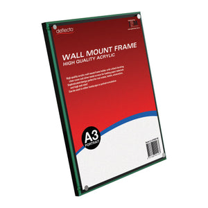 Deflecto Wall Mount Frame A3 in acrylic, angled view showing the Deflecto card behind the clear front panel and the corner fixings
