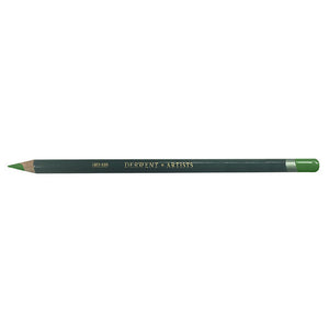 Derwent Artists Pencil in May Green, a single pencil on a white background with a dark green barrel, gold DERWENT ARTISTS lettering, a sharpened point and the end dipped in May Green