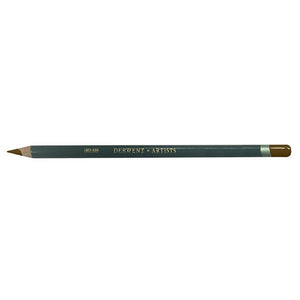 Derwent Artists Pencil in Vandyke Brown, a single pencil on a white background with a dark green barrel, gold DERWENT ARTISTS lettering, a sharpened point and the end dipped in Vandyke Brown