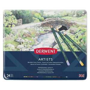 Derwent Artists Pencils assorted tin set of 3 x 24 closed tins on white background