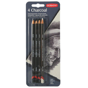Derwent 4 Charcoal blister card in earlier packaging with a charcoal portrait illustration, holding Light, Medium, Dark and White pencils.