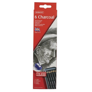Derwent 6 Charcoal pack in a red and white sleeve with a charcoal portrait illustration and an Includes Tin and Sharpener flash, Derwent Charcoal Pencils Tin of 6.