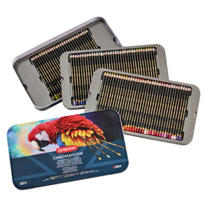 Derwent Chromaflow 100 tin with three trays of black-barrelled pencils fanned out above the macaw artwork lid