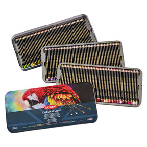 Derwent Chromaflow 150 tin with three trays of black-barrelled pencils fanned out above the macaw artwork lid