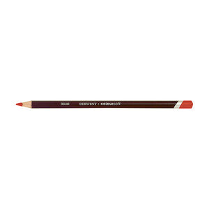 Derwent Coloursoft Pencil Blood Orange, a single sharpened pencil lying flat with a dark burgundy barrel, gold DERWENT Coloursoft lettering, a white band and a Blood Orange end cap and point.
