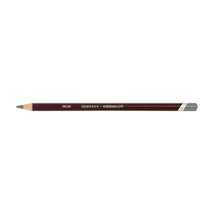 Derwent Coloursoft Pencil Dove Grey, a single sharpened pencil lying flat with a dark burgundy barrel, gold DERWENT Coloursoft lettering, a white band and a Dove Grey end cap and point.