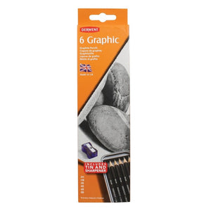 Derwent 6 Graphic tin and sharpener in its orange box, printed with a graphite drawing of stones and a row of pencil ends.