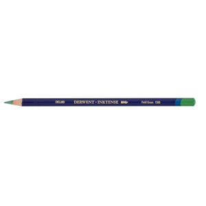 Single Derwent Inktense pencil in Field Green, colour 1500, lying flat on a white background with a dark blue barrel, gold DERWENT INKTENSE lettering and the colour name printed near the end