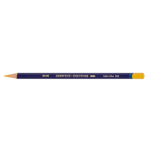 Single Derwent Inktense pencil in Golden Yellow, colour 0230, lying flat on a white background with a dark blue barrel, gold DERWENT INKTENSE lettering and the colour name printed near the end