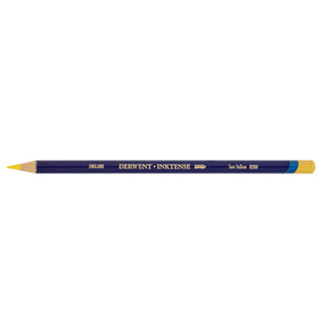 Single Derwent Inktense pencil in Sun Yellow, dark blue barrel printed DERWENT INKTENSE with Sun Yellow 0200 near the coloured end cap
