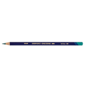 Single Derwent Inktense pencil in Teal Green, dark blue barrel printed DERWENT INKTENSE with Teal Green 1300 near the coloured end cap