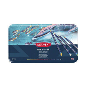 Closed Derwent Inktense 72 pencil tin, metallic blue lid printed with a dolphin and fish painting, the Derwent logo and the number 72