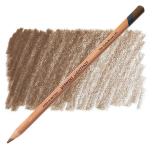 Close view of a Derwent Lightfast pencil in Van Dyke Brown resting on a Van Dyke Brown swatch of hatched pencil strokes, barrel marked DERWENT LIGHTFAST