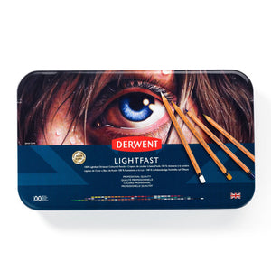 Front of the Derwent Lightfast 100 tin, a wide dark blue lid with a painted eye, pencils, the red Derwent logo and the number 100