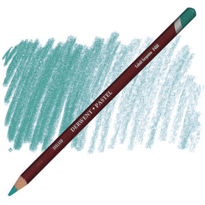 Derwent Pastel Pencil Cobalt Turquoise P400 laid diagonally across a shaded swatch of the same colour on white, maroon barrel with DERWENT PASTEL lettering