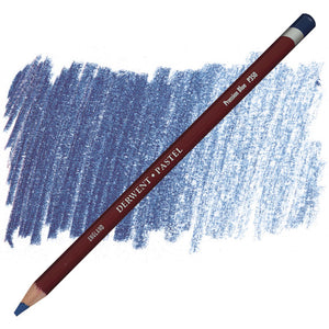 Derwent Pastel Pencil Prussian Blue P350 on a white background over a hand-shaded swatch of the colour, the label reading Prussian Blue P350 near the end cap