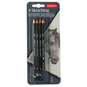 Derwent 4 Sketching blister pack with four black Derwent Sketching pencils over a pencil drawing of a horse, grades listed on the card
