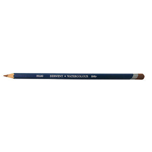 Single Derwent Watercolour pencil in Burnt Sienna lying flat on a white background, with a dark blue barrel, DERWENT WATERCOLOUR lettering and a Burnt Sienna tip and end